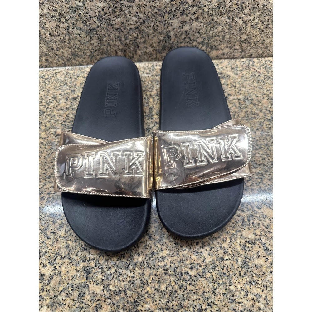 PINK Victorias Secret Shoes Rose Gold Slide Sandals Adjustable Strap Logo Casual